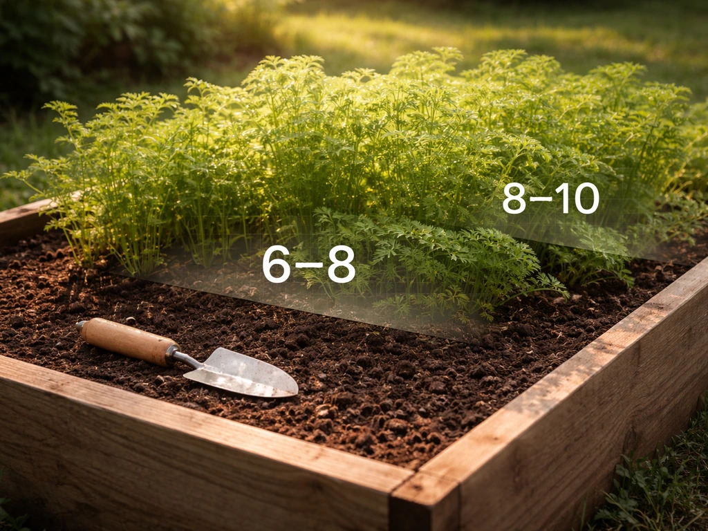 Raised carrot bed in morning sun with a subtle “6–8” and “8–10” daily light-number overlay.