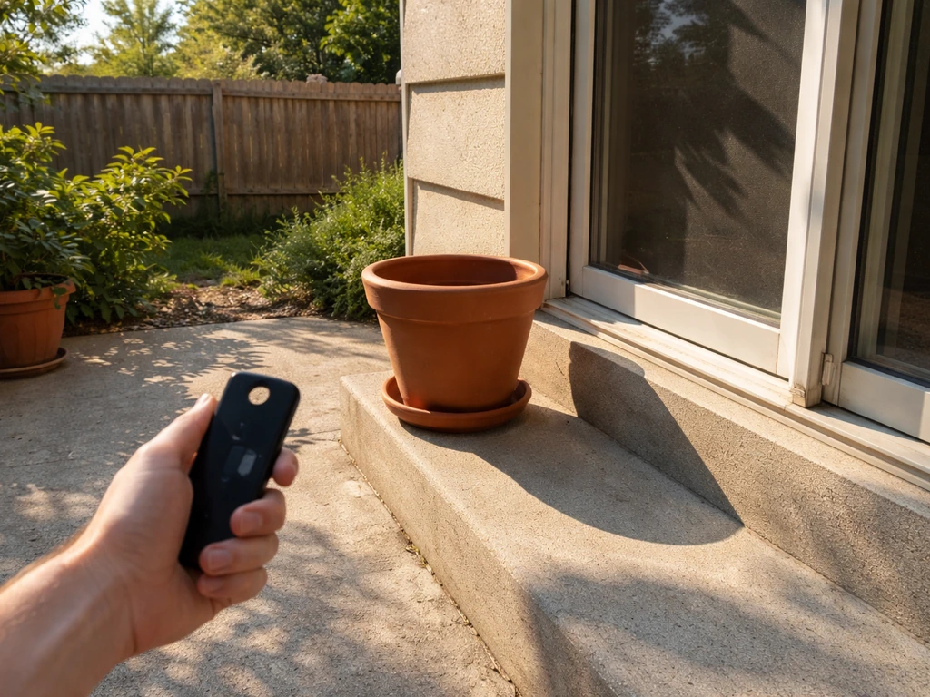 Sunlight and shadows around a plant pot on a patio, showing an easy way to judge light availability.