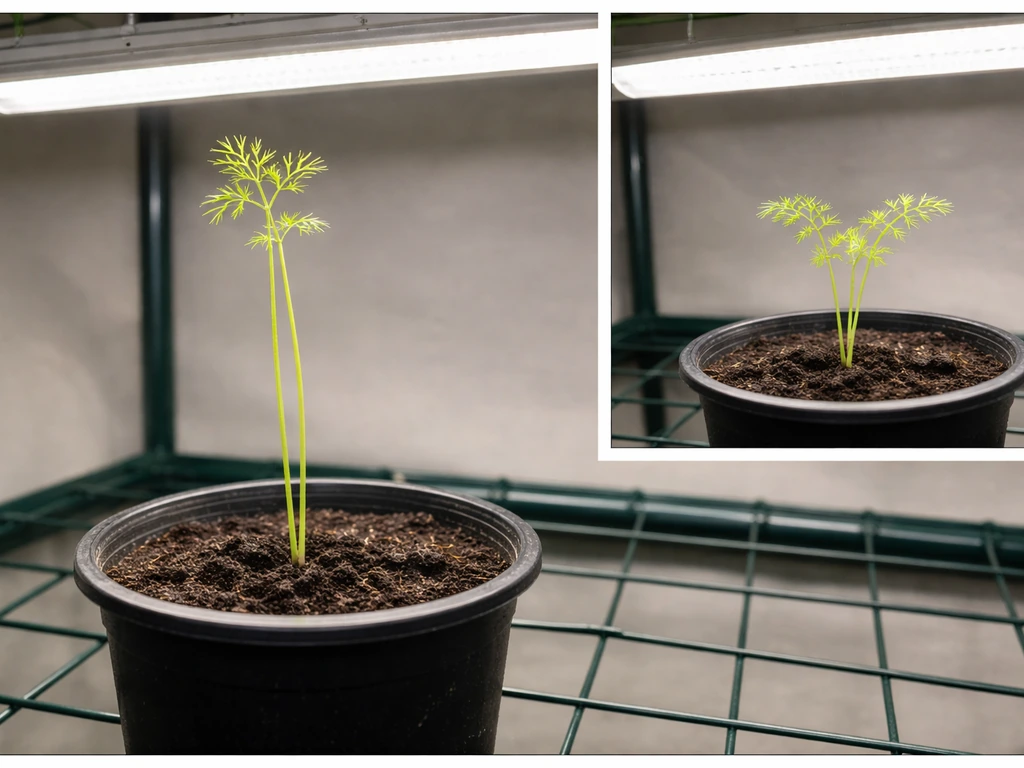 Leggy pale green carrot seedling stretching toward a grow light, with a small closer-light inset view.