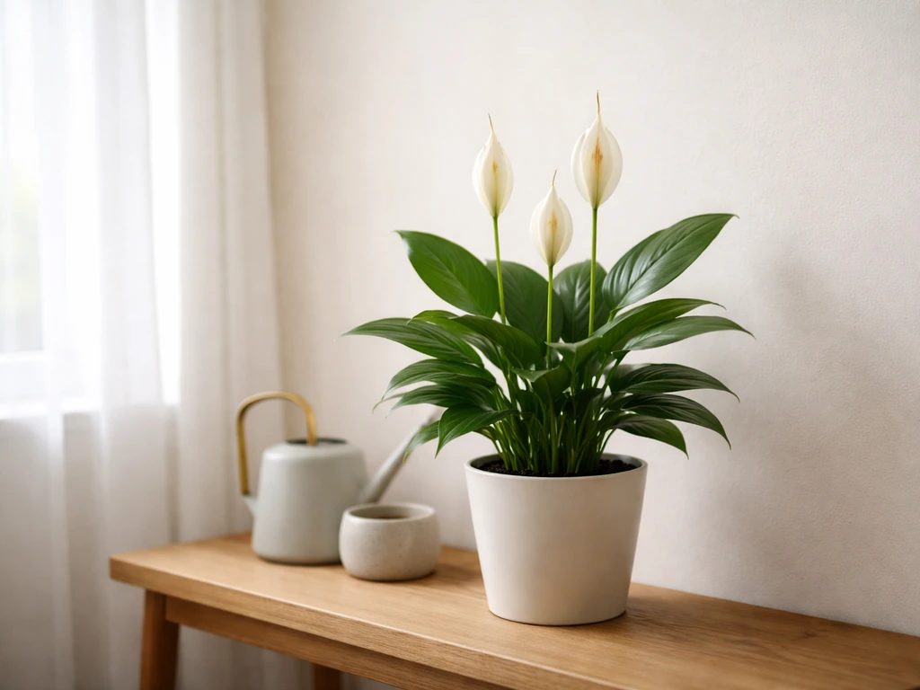 Low-light flowering houseplant in a bright room, placed away from direct sunlight near a window edge.