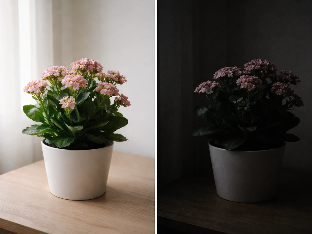 A bright indoor plant with soft ambient light versus the same plant in a dim near-dark corner.