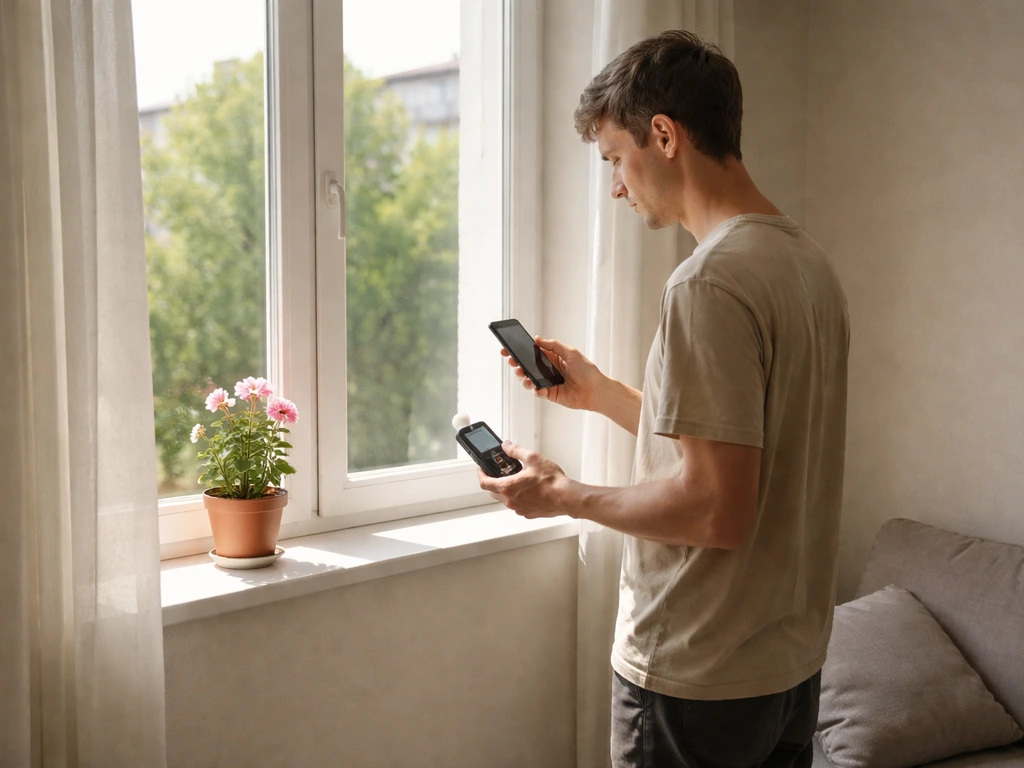 Person checks indoor light next to a small potted flowering plant using a phone and light meter.