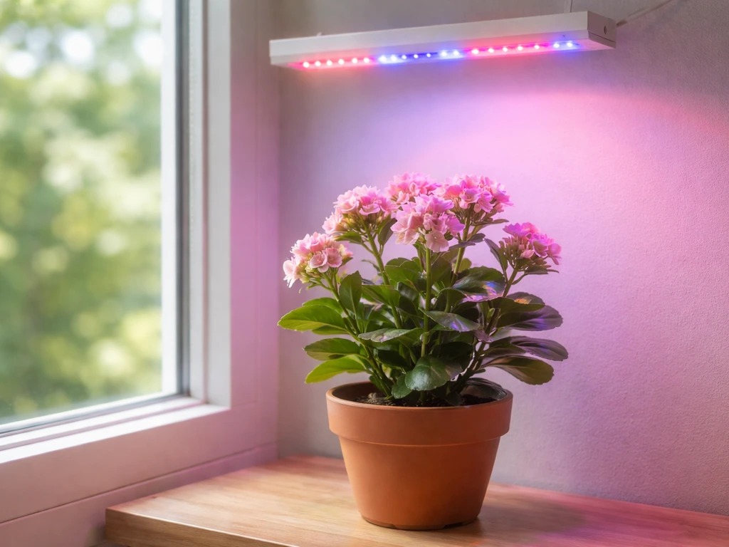 A potted flowering plant by a window with an LED grow light shining on the same leaves.