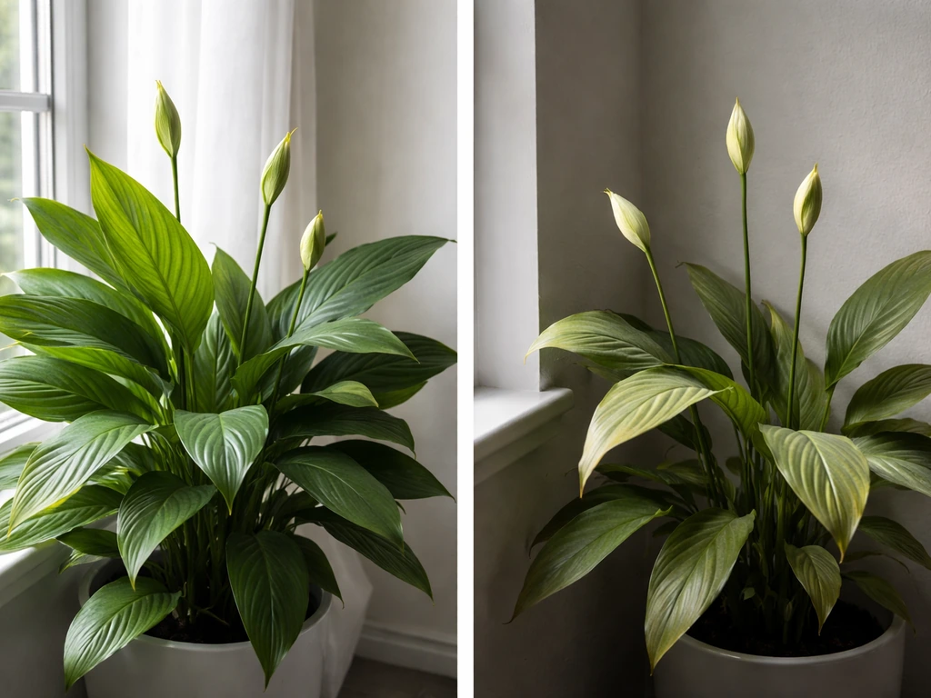 Peace lily in a bright window with tight closed buds, next to a dim corner showing sparse yellowing leaves