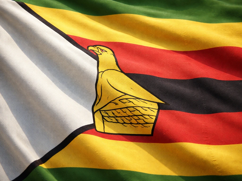 Close-up of a Zimbabwe Bird eagle silhouette on an official-style flag, crisp details and natural shadow.