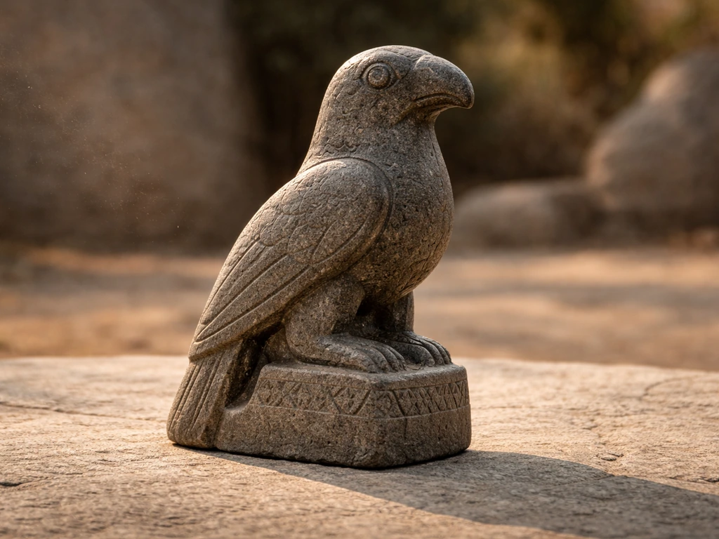 Close-up of a carved stone bird motif inspired by Great Zimbabwe, with warm golden light on a plain stone surface.