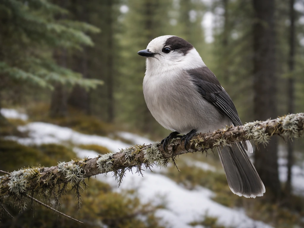 Canada jay perched on a mossy branch in a boreal forest with soft light and gentle snowfall.