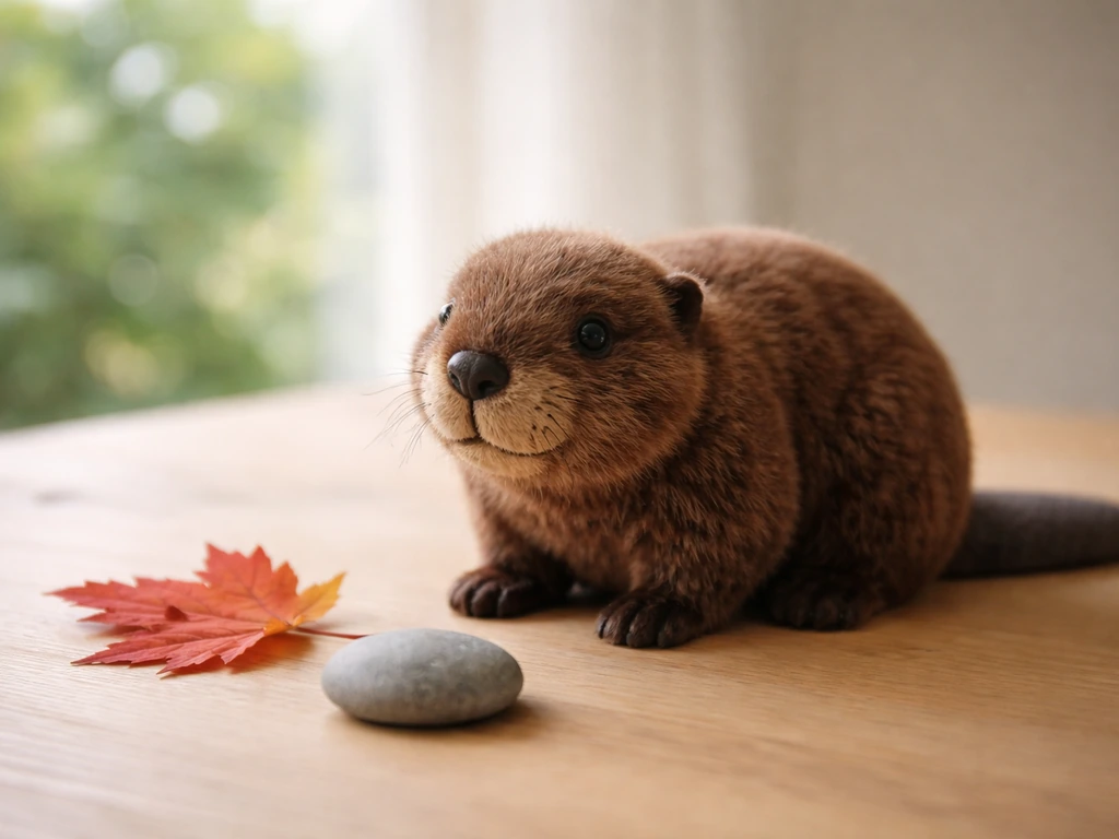 Brown beaver figurine on a wooden table with a maple leaf and stone in soft natural light.
