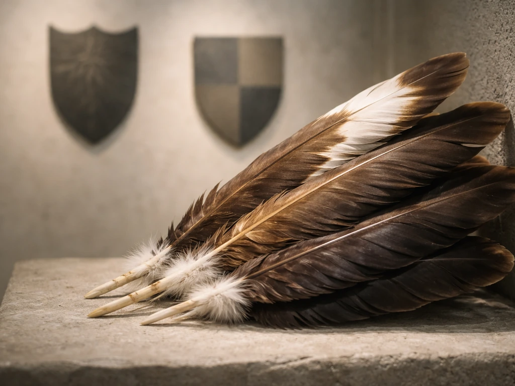 Close-up of detailed bird feathers beside muted coat-of-arms shapes, symbolizing national identity and values