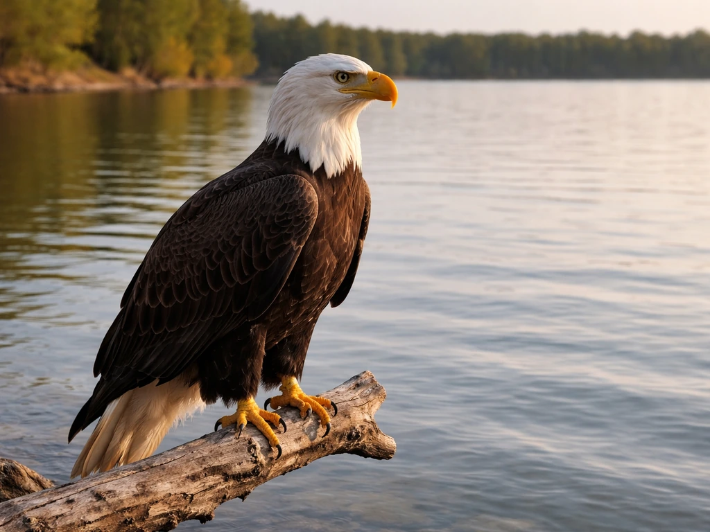 Bald eagle perched on a branch by a calm lake with trees softly blurred in the background.