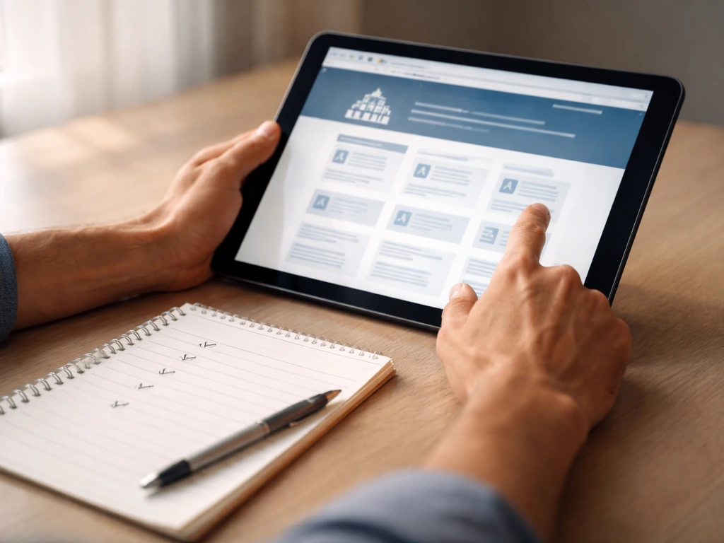 Hands reviewing a government info webpage on a tablet with a simple checklist for verifying facts
