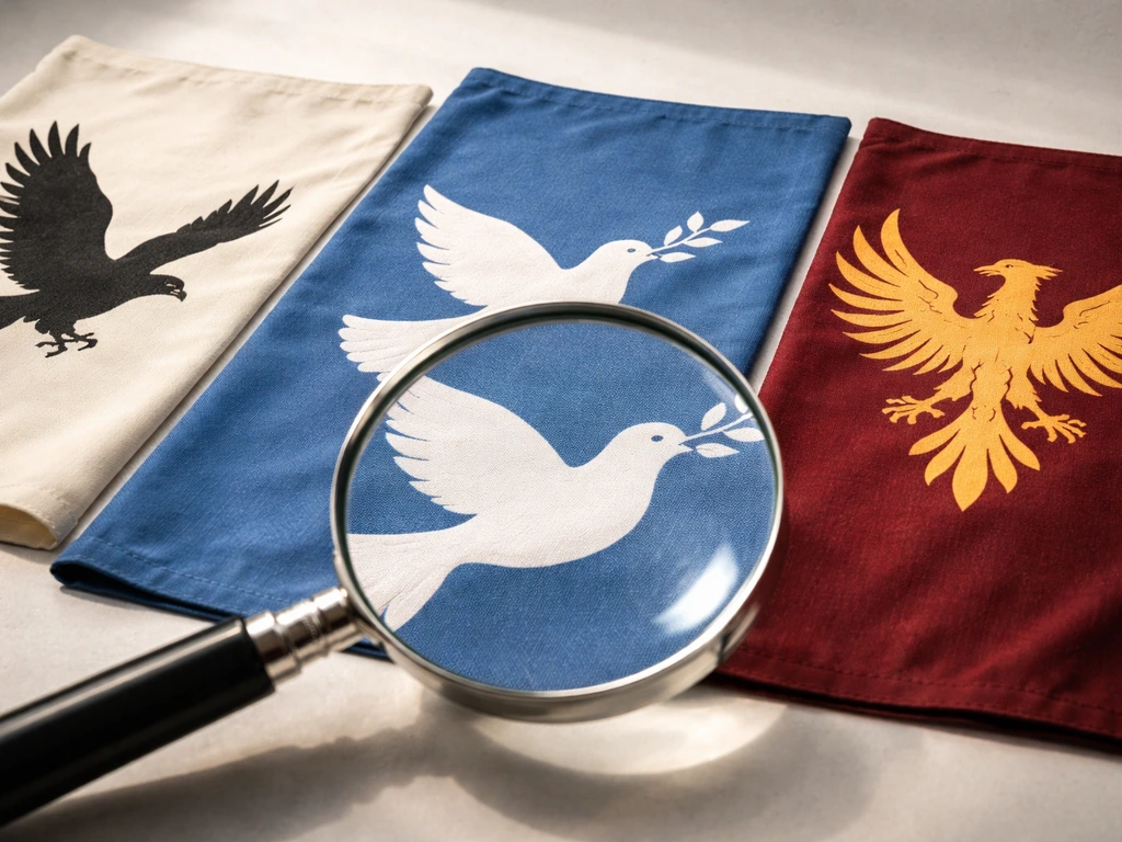 Three simple flags with different bird emblems, viewed through a magnifying glass on a tabletop.