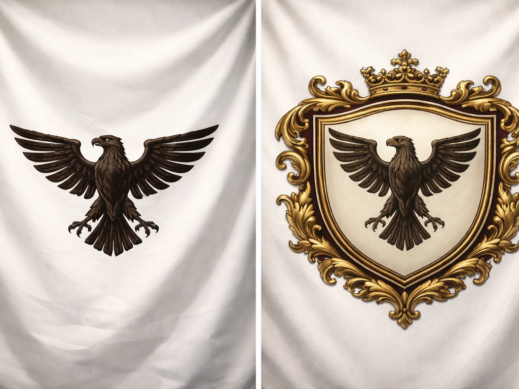 Minimal side-by-side scene showing a bird on a plain flag and the same bird within a coat of arms.