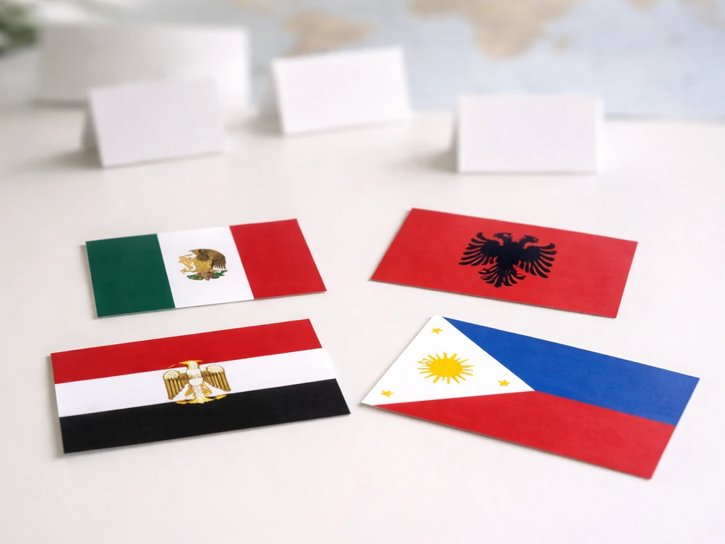 Small flag cutouts on a tabletop showing birds like eagles, arranged in a minimal collage.