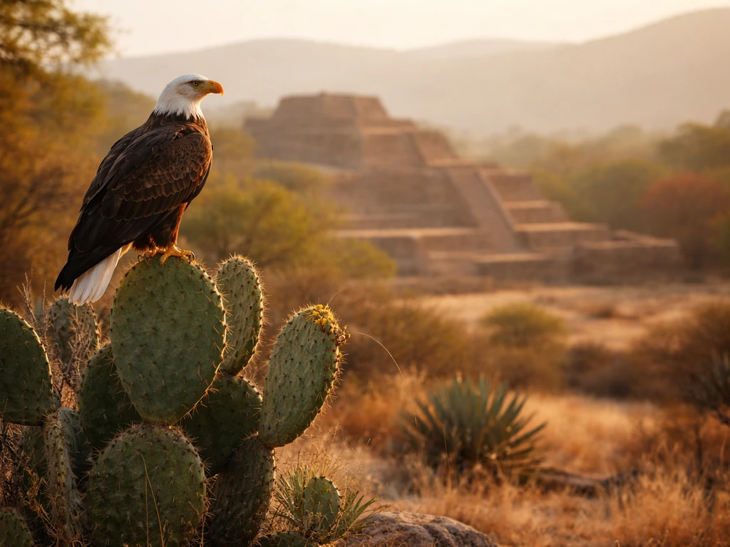 Eagle perched on a cactus at sunset with hints of an Aztec-inspired atmosphere and soft Mexican flag colors