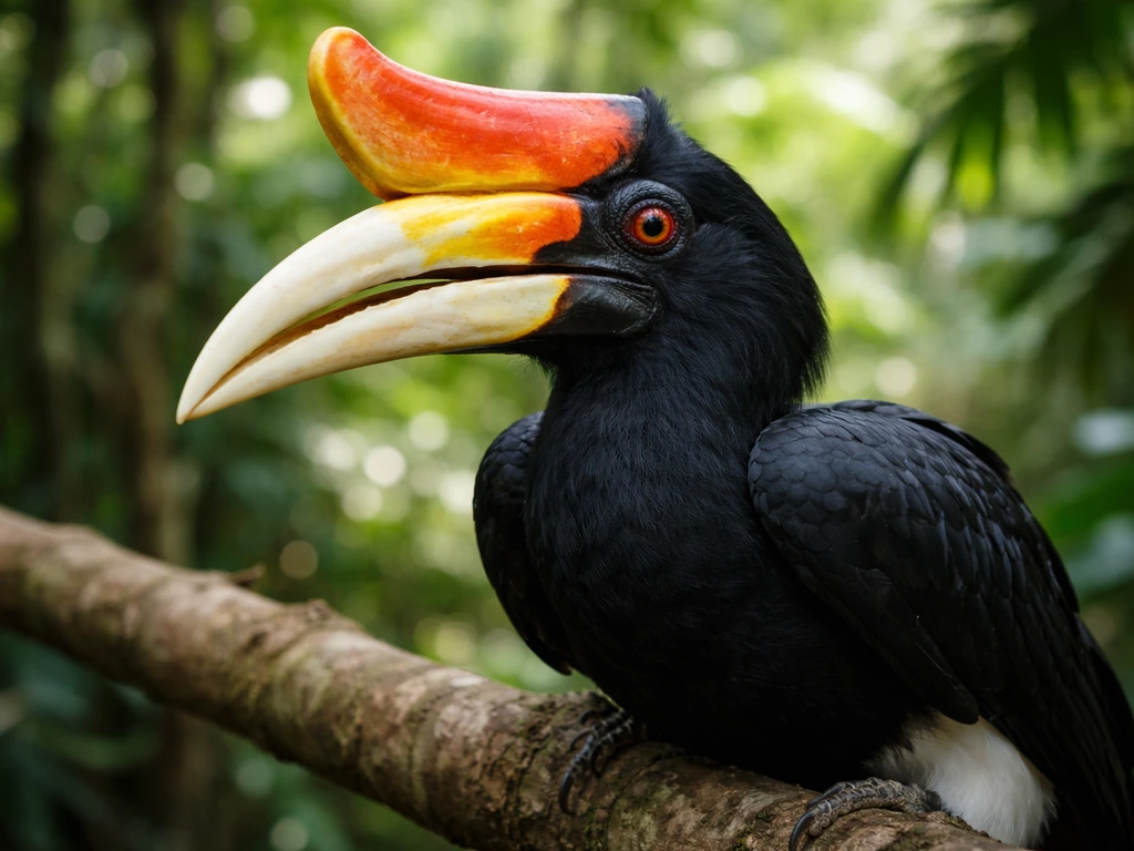 Close-up portrait of a hornbill with soft rainforest greenery in the background, evoking Malaysia’s national bird.