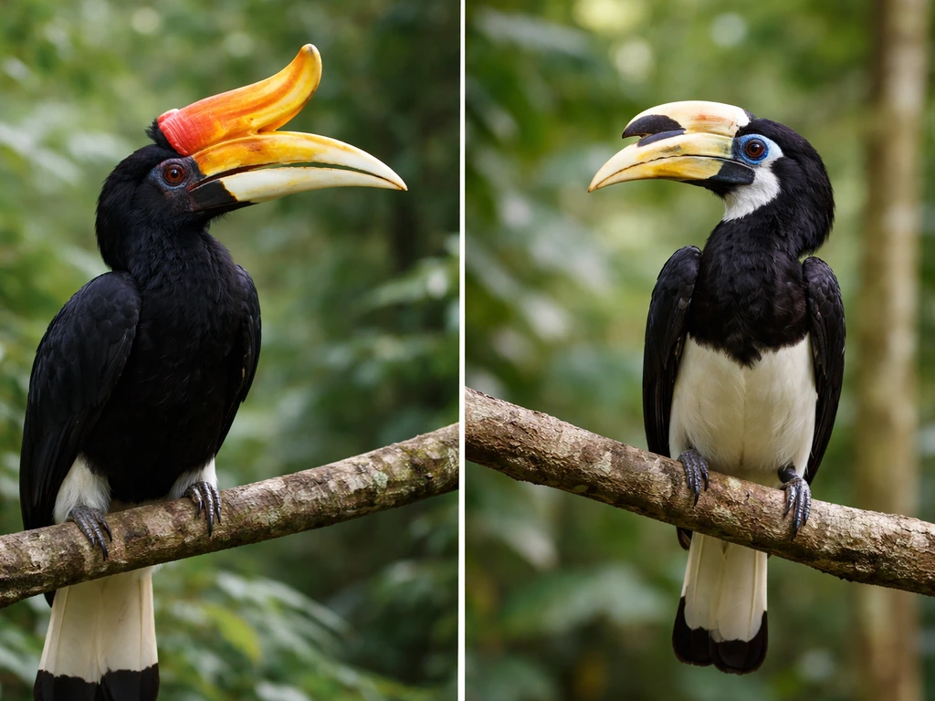 Rhinoceros hornbill and another hornbill species perched side-by-side on a branch in soft forest light.