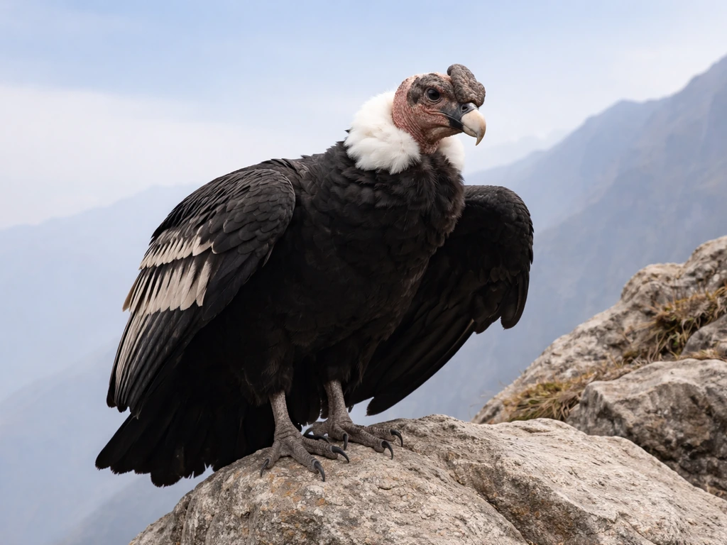 Andean condor perched on a rocky mountain ledge at golden hour, wings slightly spread against a blue sky.