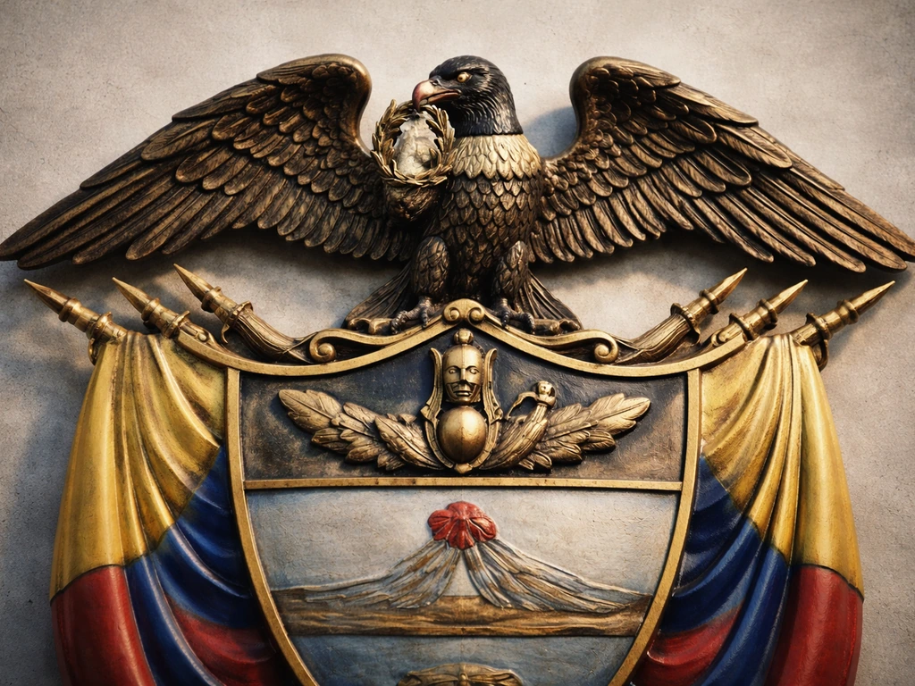 Close-up of Colombia’s coat of arms with an Andean condor perched atop the national shield.