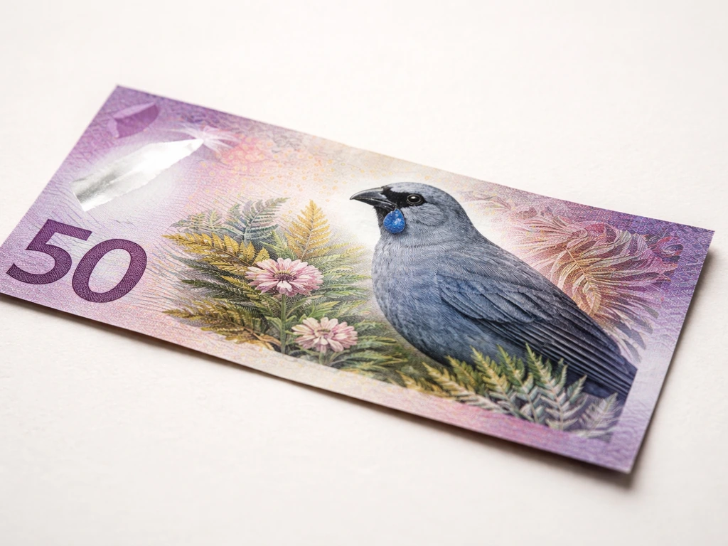 Close-up of an NZ$50 banknote showing the kōkako bird detail on the note artwork.
