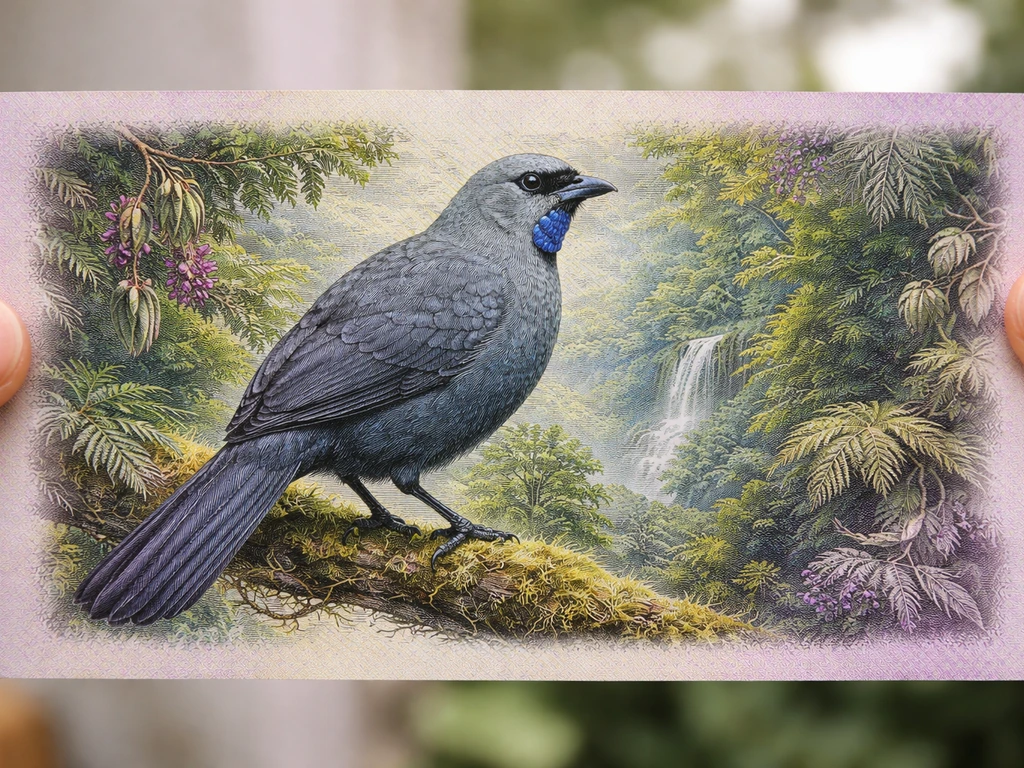 Close-up of the back of an NZ$50 note showing a detailed kōkako among native forest artwork.