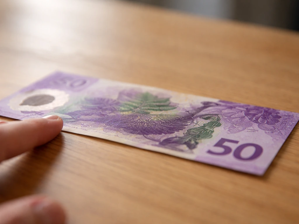 Close-up of an NZ$50 note on a table with a finger guiding eye-level cues in natural light.