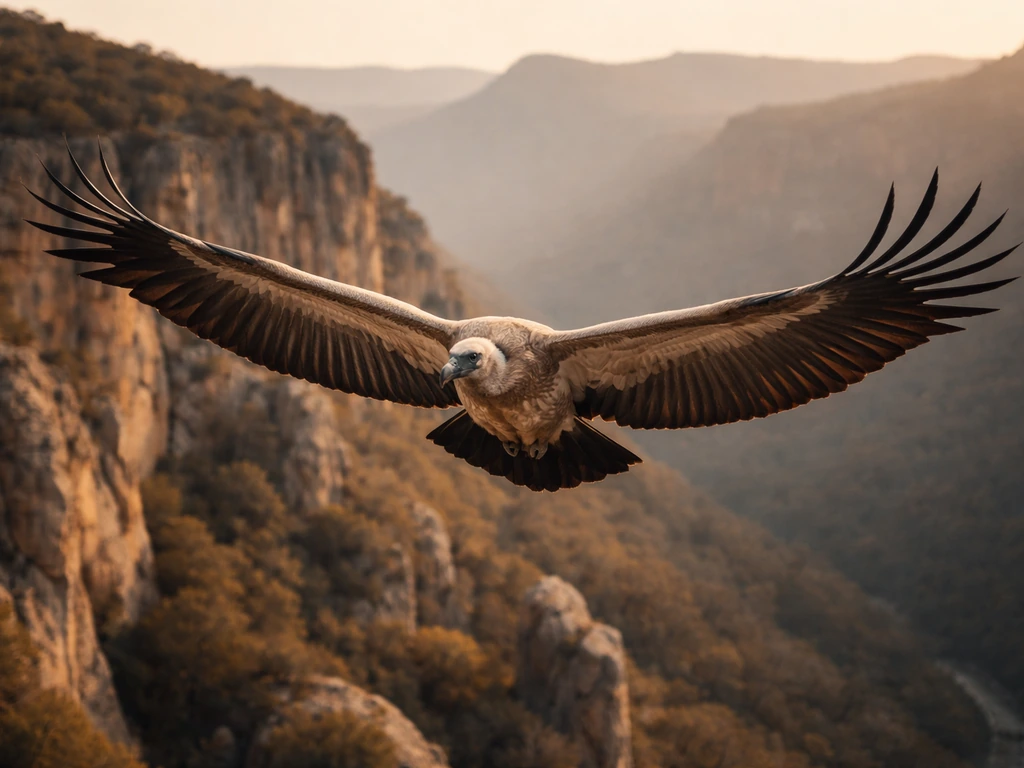 Cape vulture soaring over a rugged African cliff and valley at golden hour.