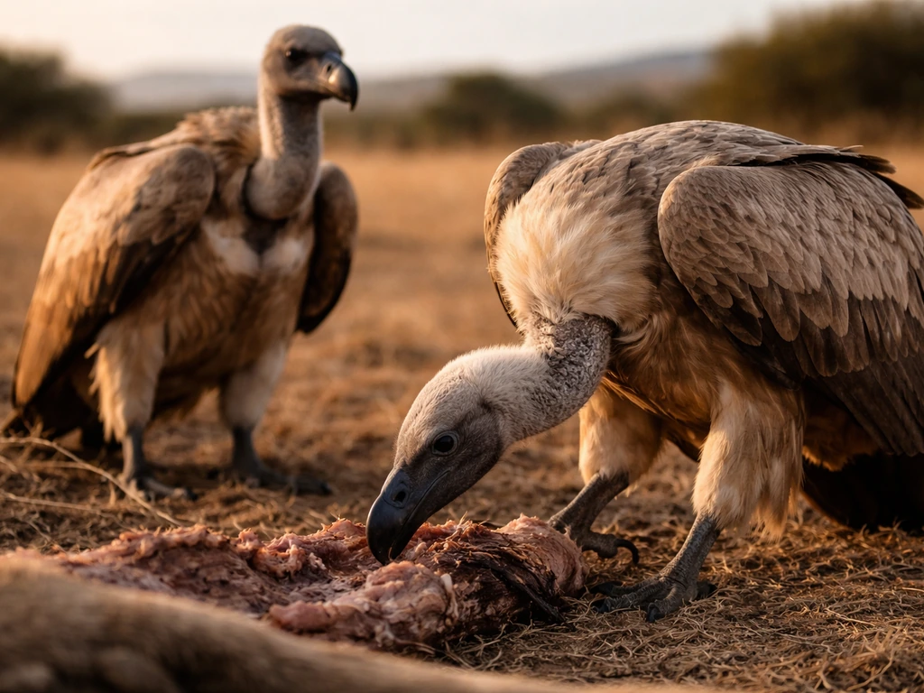 Cape vultures feeding on a carcass on the ground in a sparse dry savanna at golden hour.