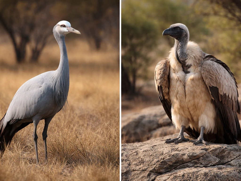 Side-by-side realistic photos of a blue crane and a cape vulture perched outdoors in South Africa landscapes.