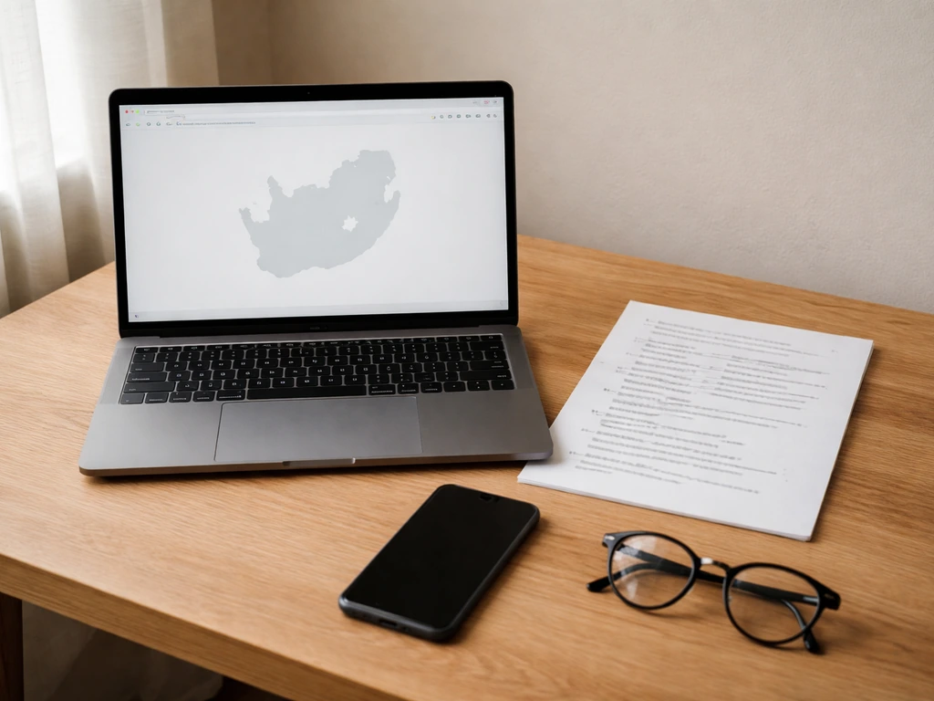 Laptop and notes on a desk showing a generic map of South Africa for verifying national bird info