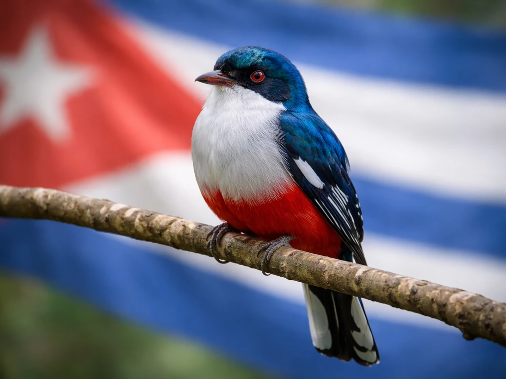 Tacororo bird perched with blurred blue-white-red backdrop evoking Cuba’s flag colors.