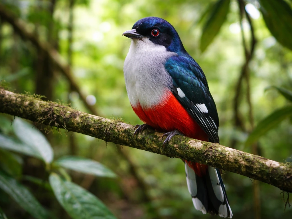 Cuban trogon perched on a forest branch, vivid blue head, white breast, and red lower body