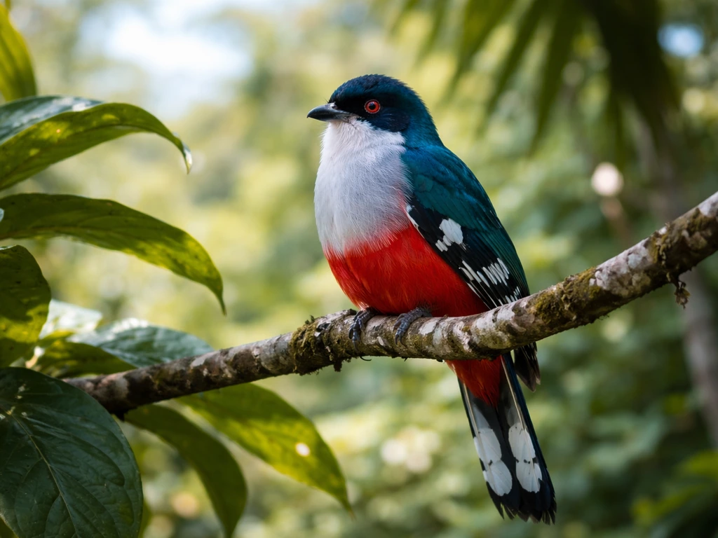 Cuba’s tocororo perched on a tropical branch with blurred greenery in natural light.