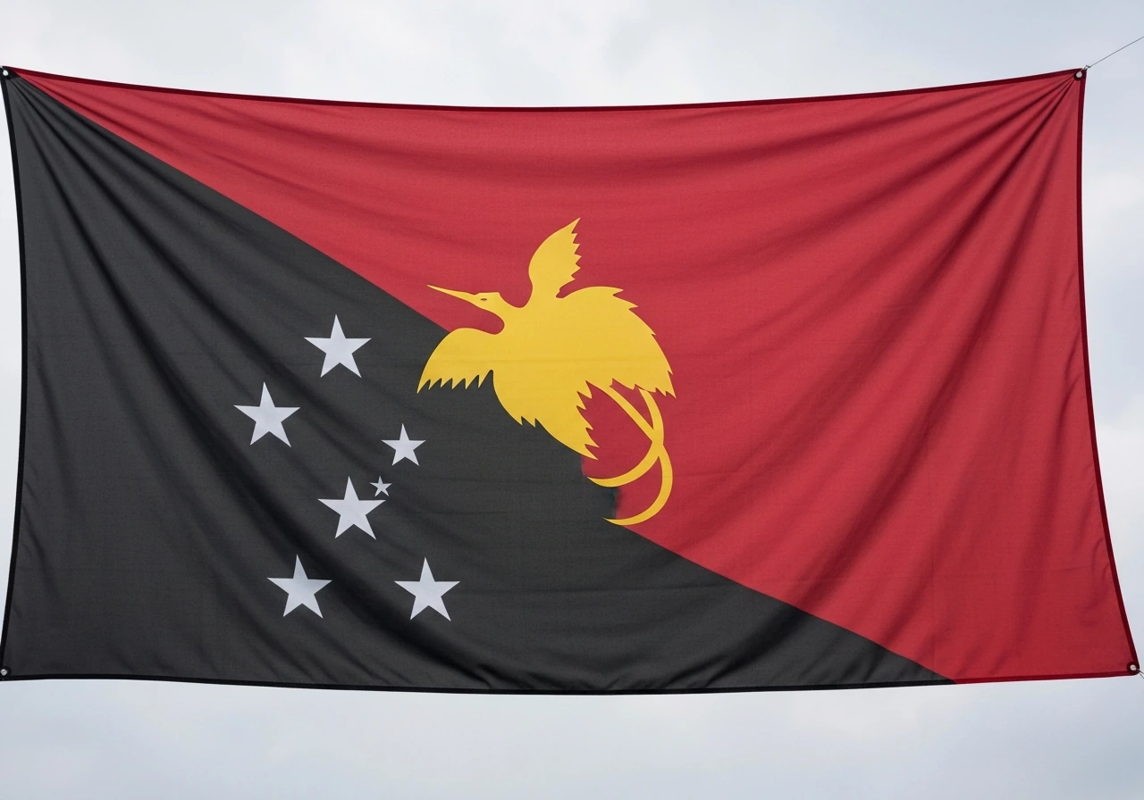 Close-up full-frame view of Papua New Guinea flag with a bird of paradise motif in focus.