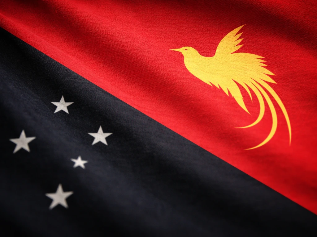 Close-up of a diagonally divided flag showing the bird-of-paradise motif in the red upper section.