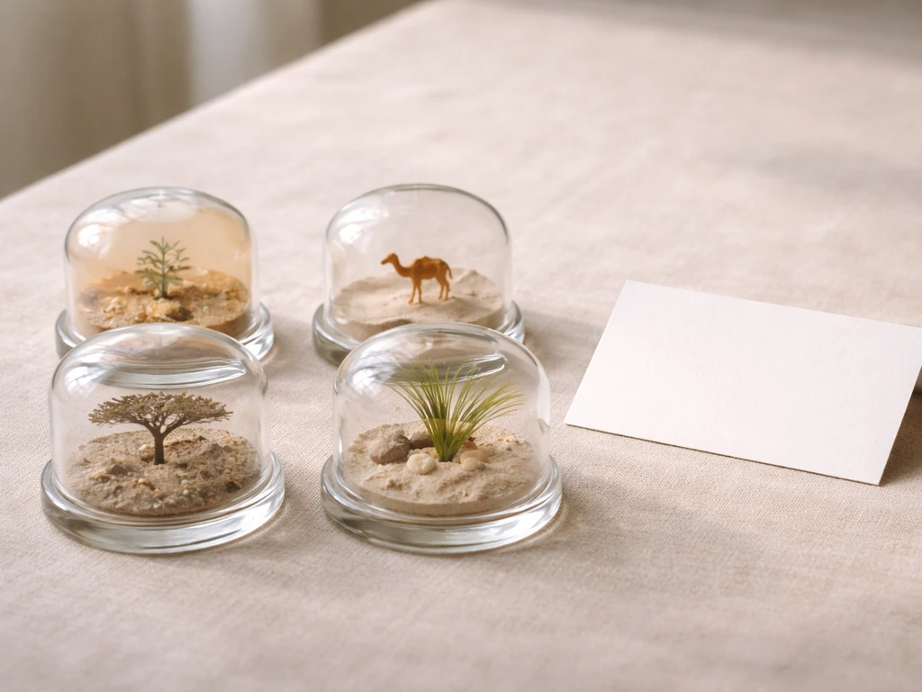 A minimal tabletop grid of four blank, glass-dome displays with simple symbols for four claimed countries around an ostr