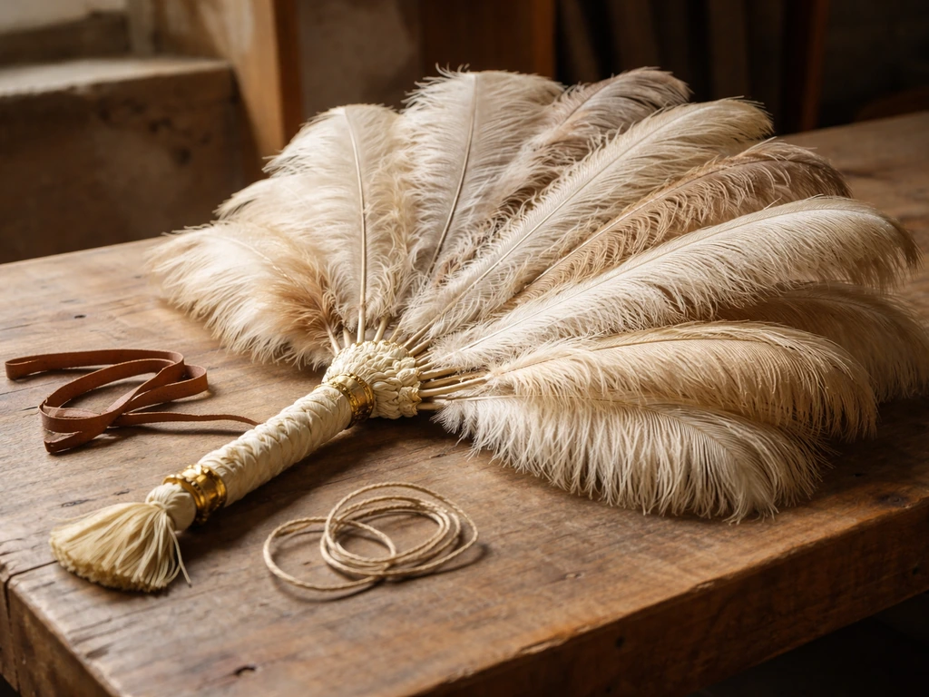 Close-up of a ceremonial ostrich feather fan resting on a wooden workshop table
