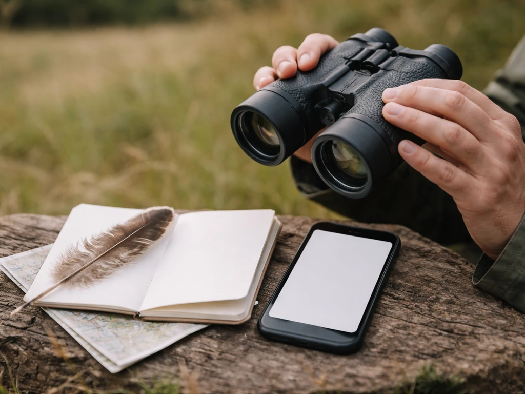 Close-up of field notebook and binoculars beside a phone showing a bird checklist for verifying national bird claims.