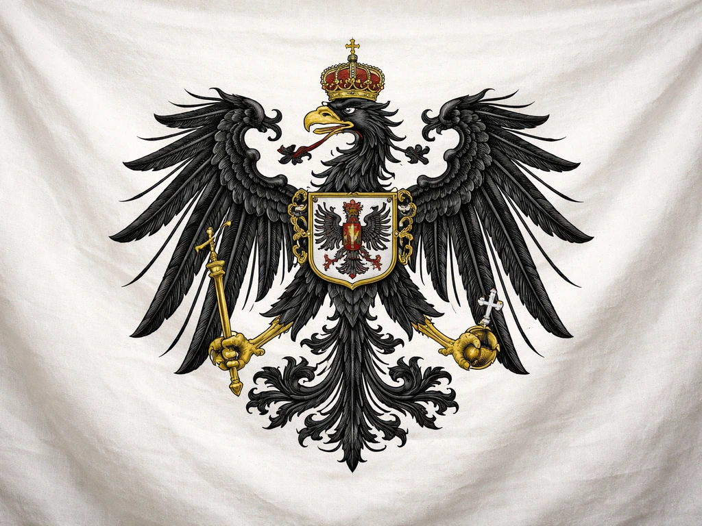 Close-up of a black Prussian eagle coat of arms displayed on a white flag field.