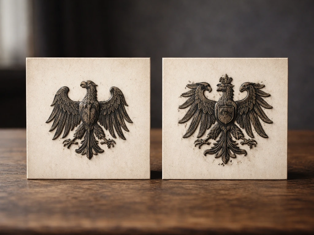 Side-by-side antique black eagle emblems showing single-headed versus double-headed forms on a table.