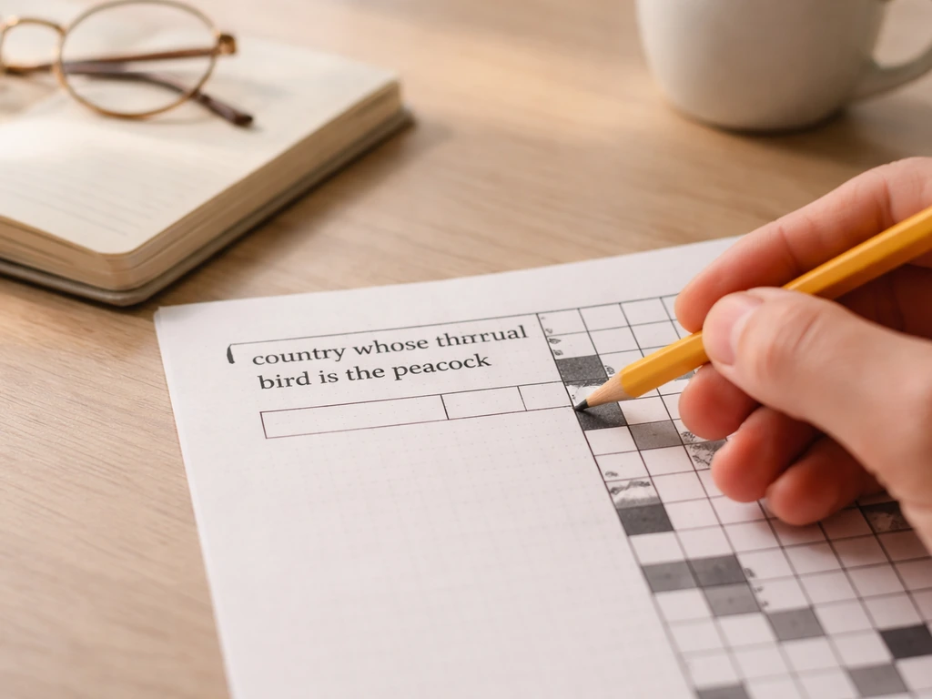 Hand with pencil hovering over a crossword clue about a country and a peacock, on a quiet desk.