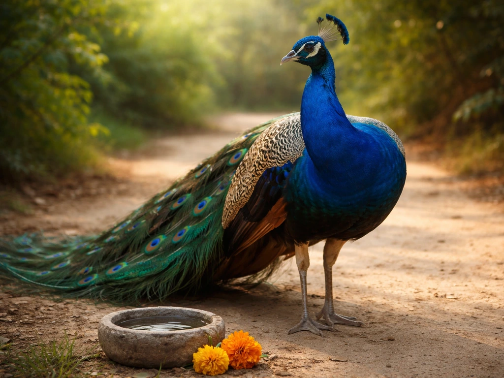 Indian peafowl near a small flower offering bowl, visually linking peacock symbolism to Hindu tradition.