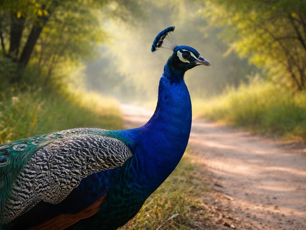 Close-up of an Indian peafowl in a sunlit rural landscape with green foliage softly blurred behind.