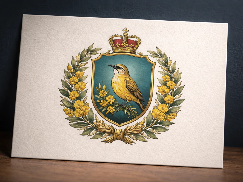 Close-up of a yellow wattlebird emblem on an official-style plaque with subtle backing accents.