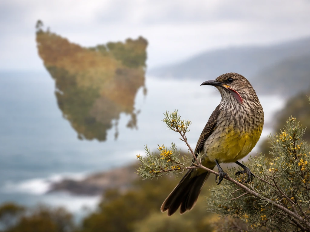 Yellow wattlebird perched on a branch with a subtle Tasmania-shaped background silhouette behind it.