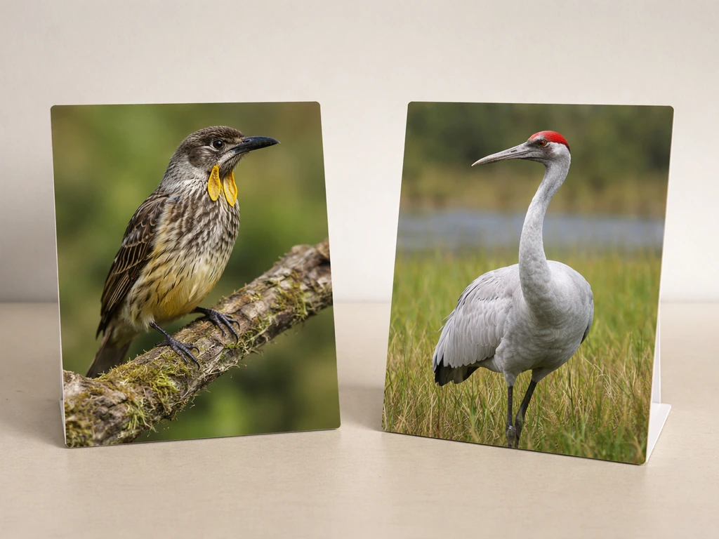 Two placards side-by-side showing a yellow wattlebird and a brolga on a neutral tabletop.