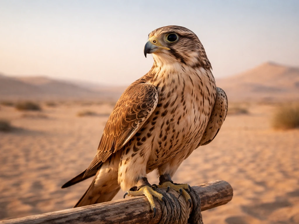 A Saker-like falcon perched in the Saudi desert with a pale blue sky backdrop.