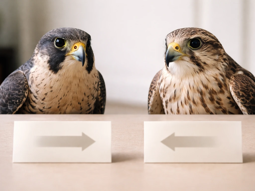 Two side-by-side falcon closeups on a tabletop, suggesting broad category vs specific species confusion.