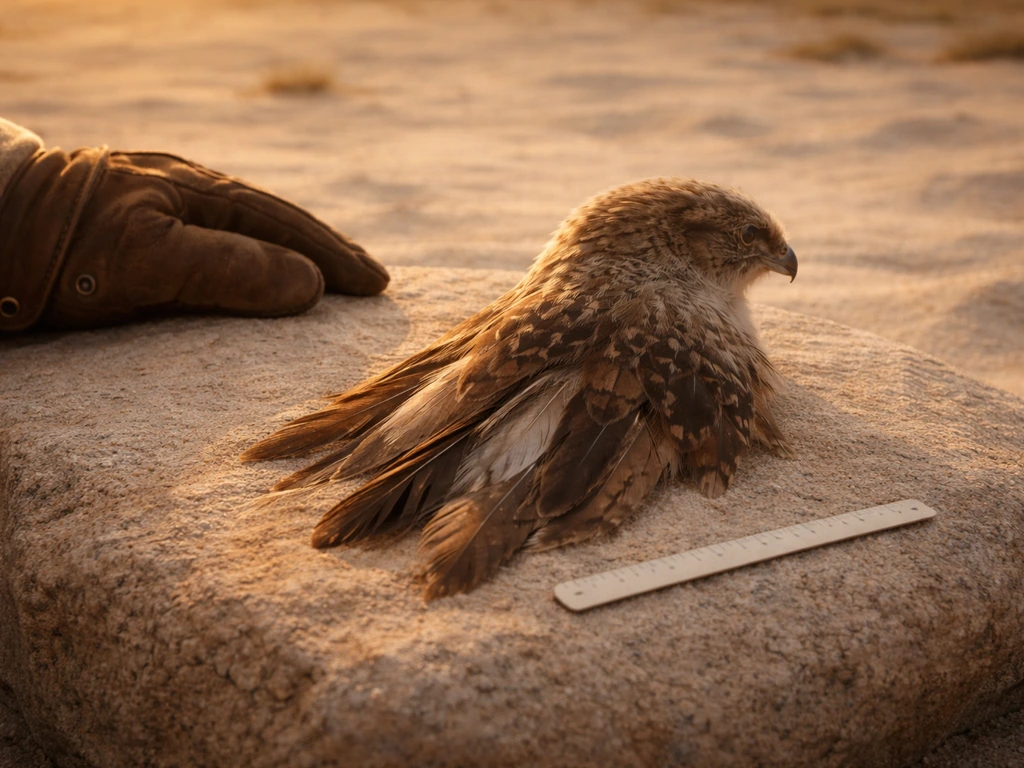 Desert-focused studio still with a gloved falconry hand and a small, grounded bird-feather talisman symbol