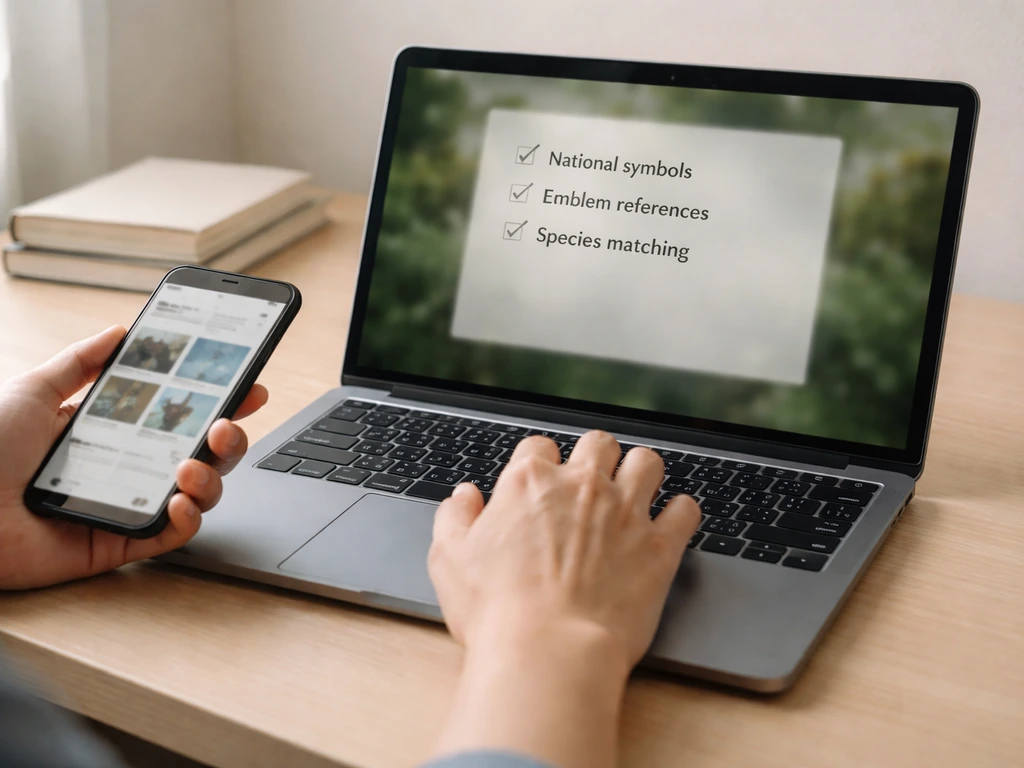 Person cross-checking national symbol information on laptop, with references checklist on screen